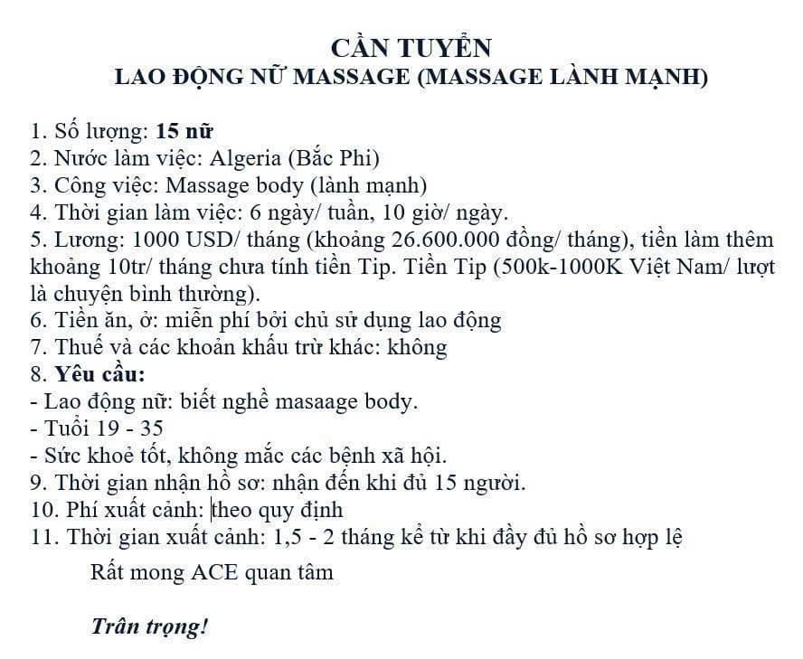 Đơn hàng Massage (Lành Mạnh) Algeria – 15 Nữ, Lương 1000 USD + Tip 500K–1 triệu/lượt - ảnh 1
