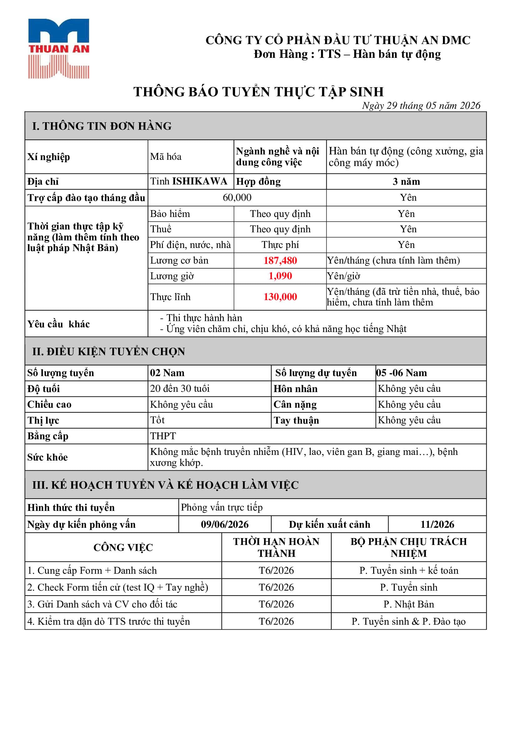 Đơn hàng Hàn bán tự động – Tỉnh Ishikawa, thực lĩnh 130.000 yên, bay 11/2026 - ảnh 1