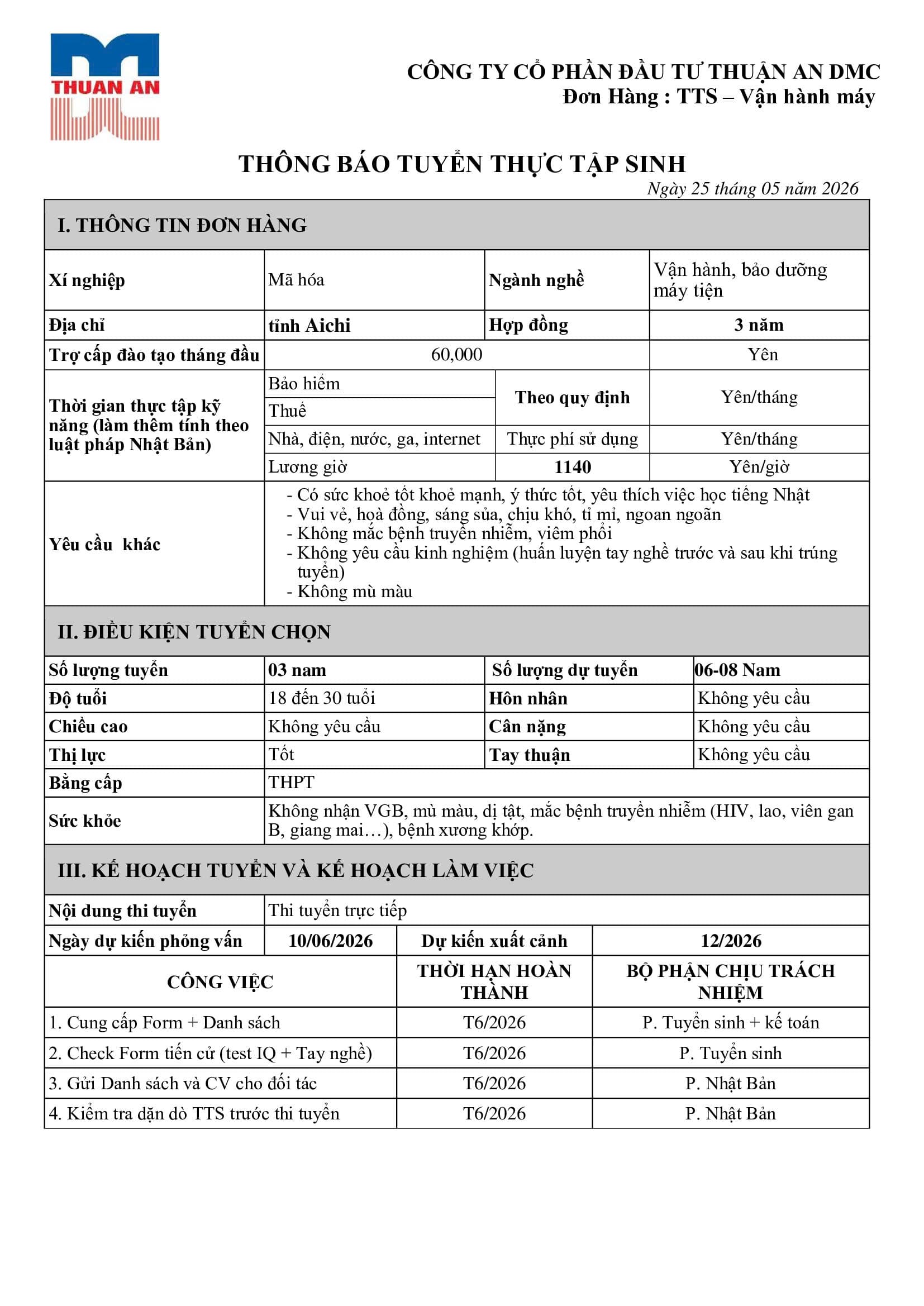 Đơn hàng Vận hành máy tiện – Tỉnh Aichi, lương 1.140 yên/giờ, bay 12/2026 - ảnh 1